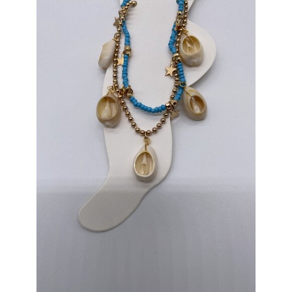 Sea Shell Anklets With Star Charms Blue Beads & Gold Chain Adjustable Womens Fas - Picture 2 of 4
